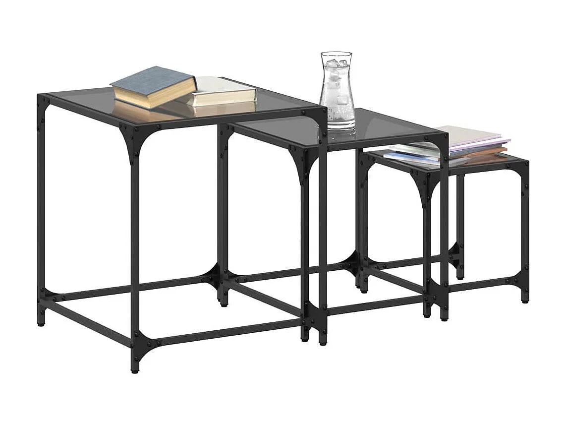 Tables basses gigognes 3 pcs dessus en verre noir acier