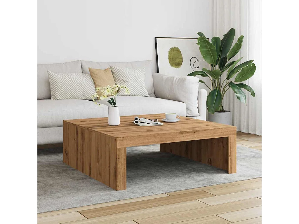 Table basse chêne artisanal 100x100x35 cm bois d'ingénierie
