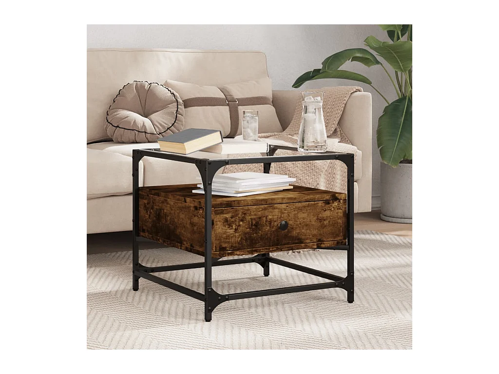 Table basse avec dessus en verre chêne fumé 50x50x45 cm acier