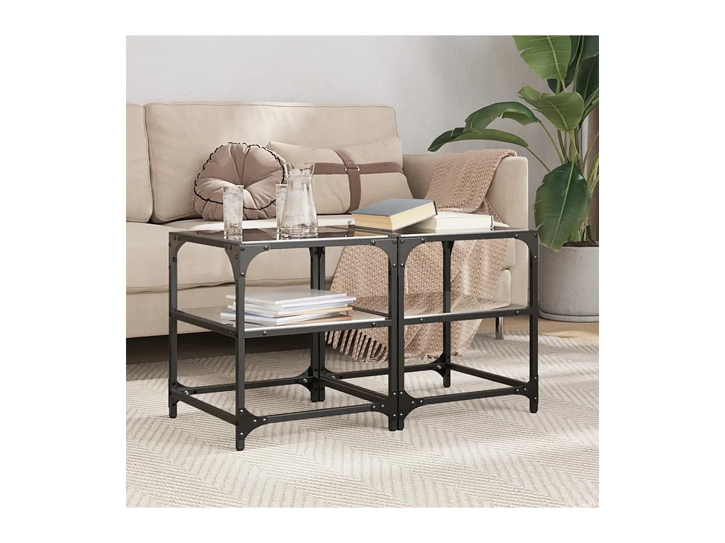 Tables basses avec dessus en verre noir 2 pcs 40x40x45 cm acier