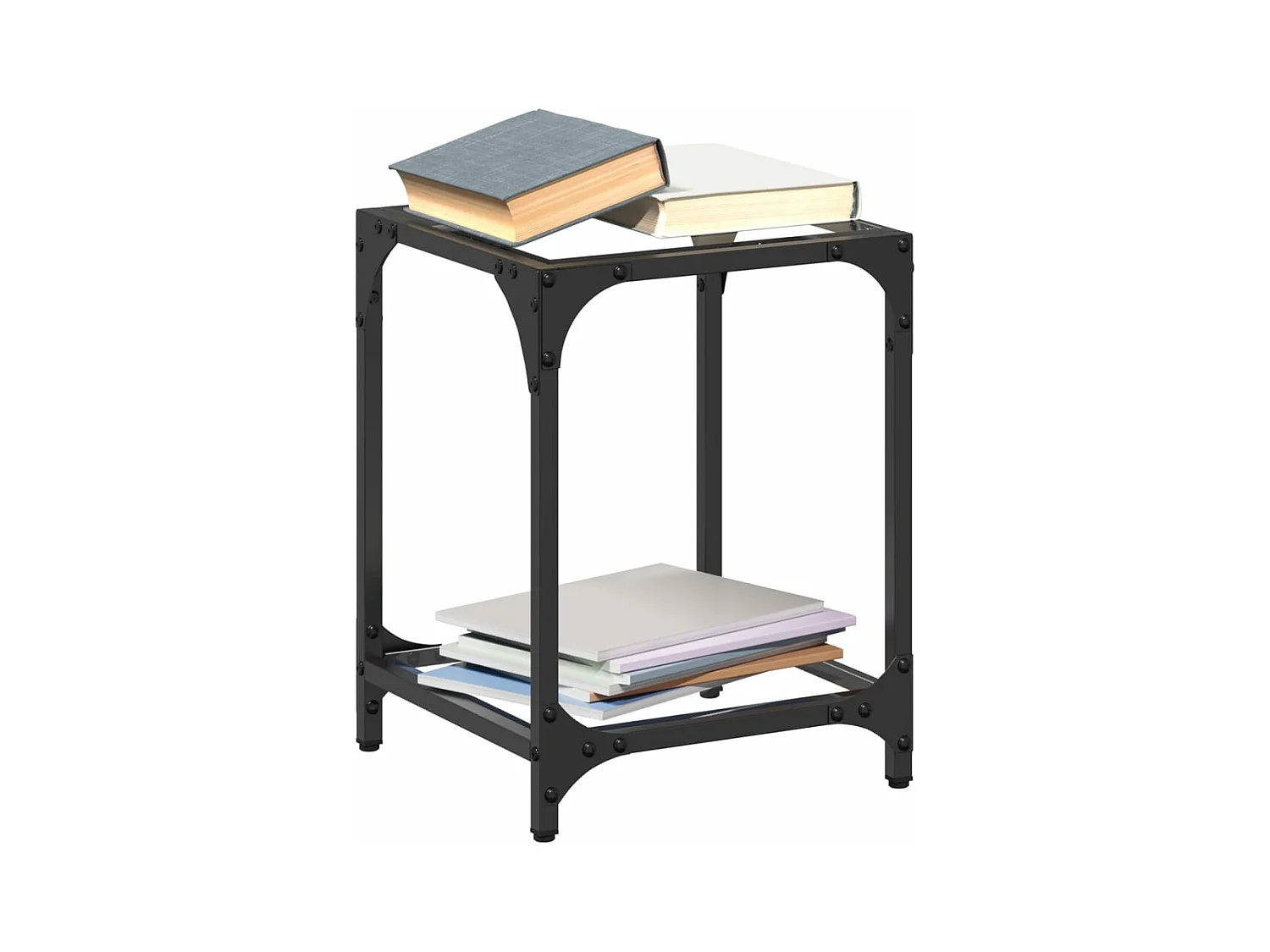 Salontafel met transparant glazen blad 30x30x40 cm staal