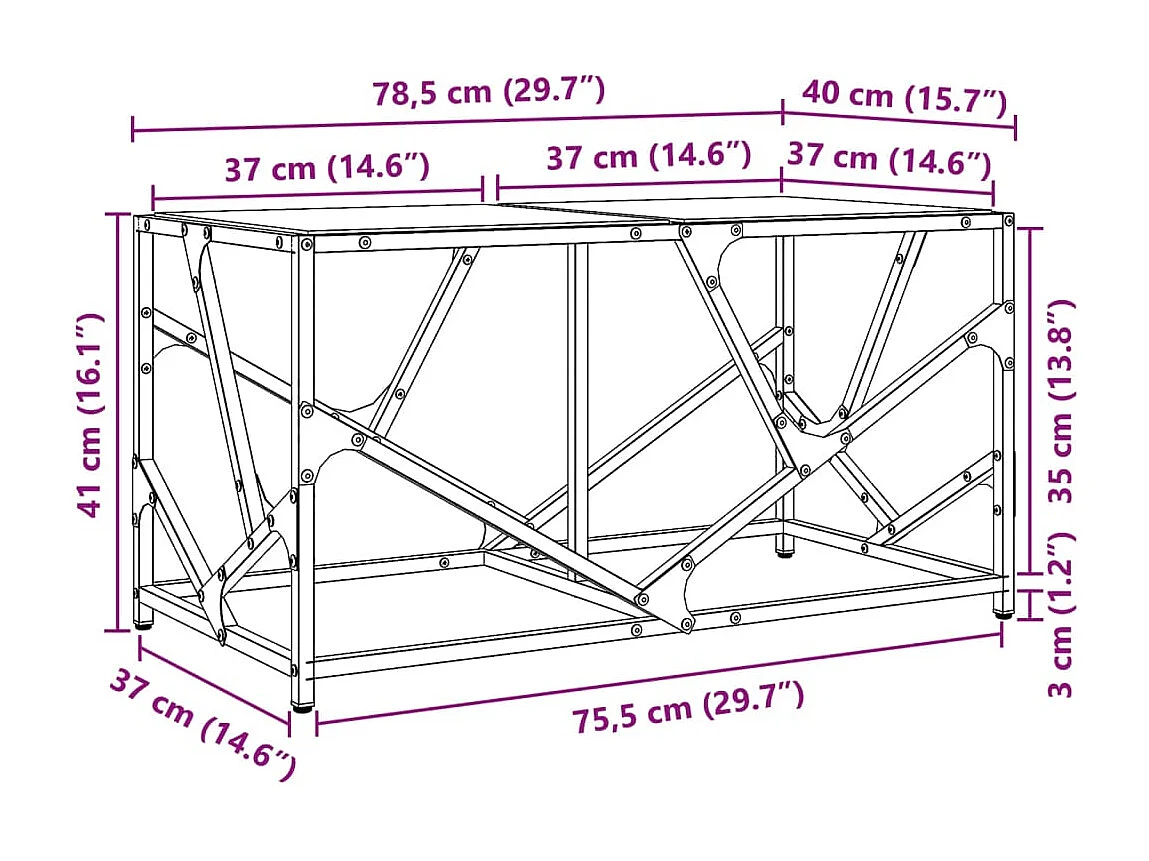 Table basse avec dessus en verre transparent 78,5x40x41cm acier
