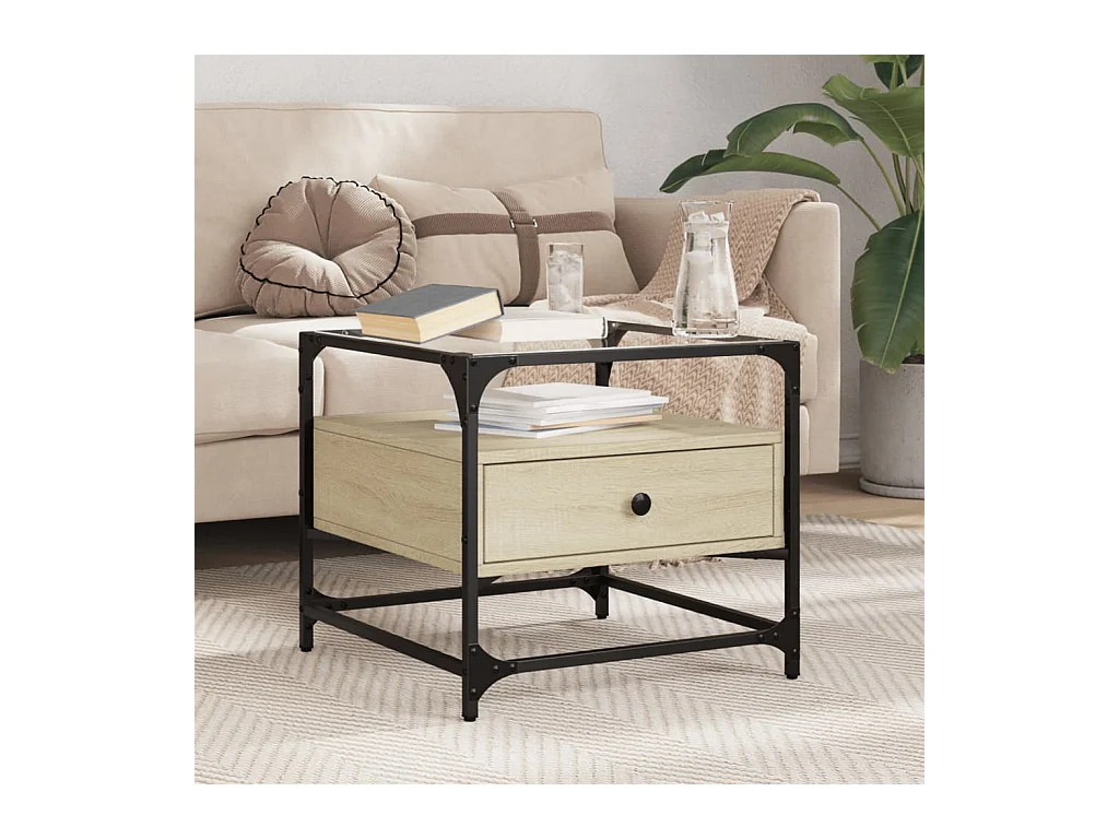 Table basse et dessus en verre chêne sonoma 50x50x45 cm acier