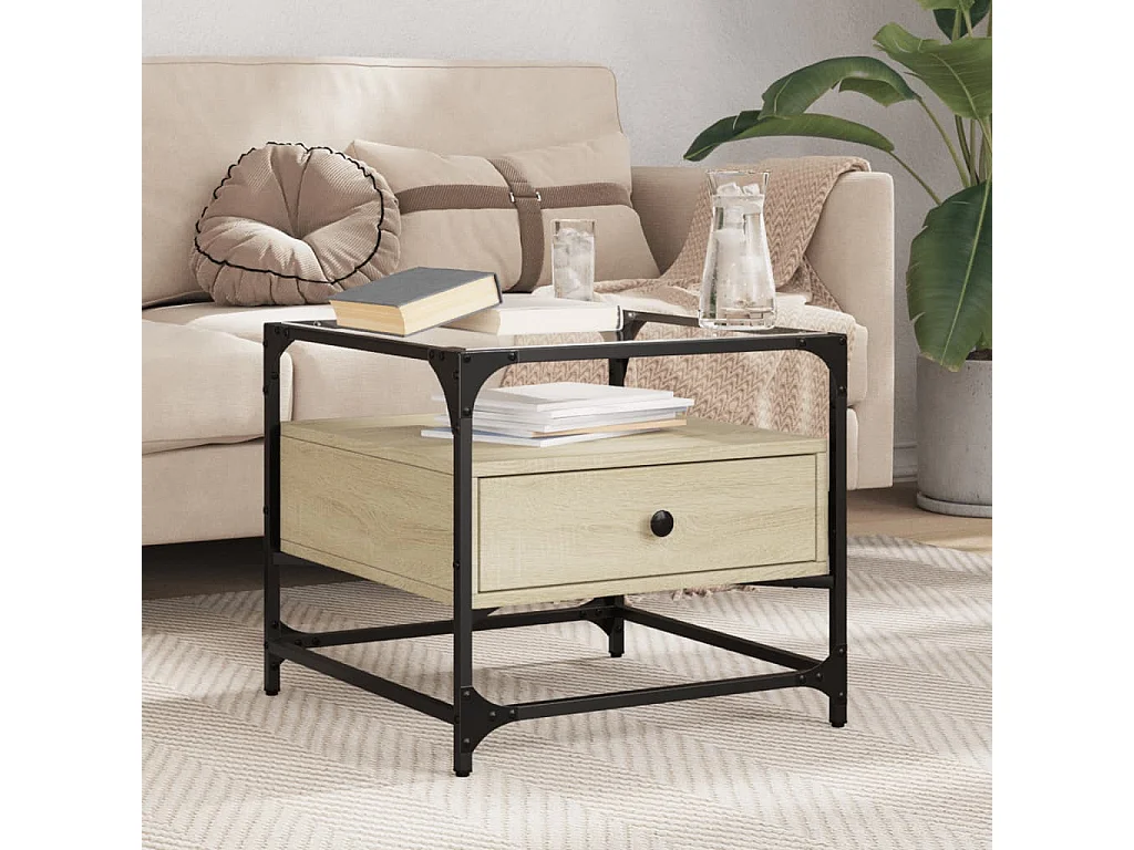 Table basse et dessus en verre chêne sonoma 50x50x45 cm acier