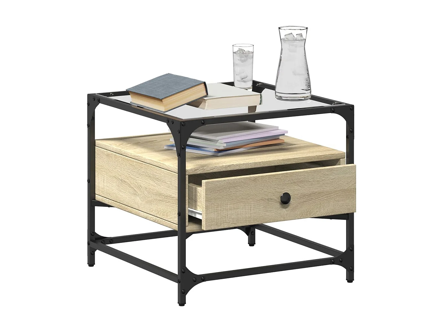 Table basse et dessus en verre chêne sonoma 50x50x45 cm acier