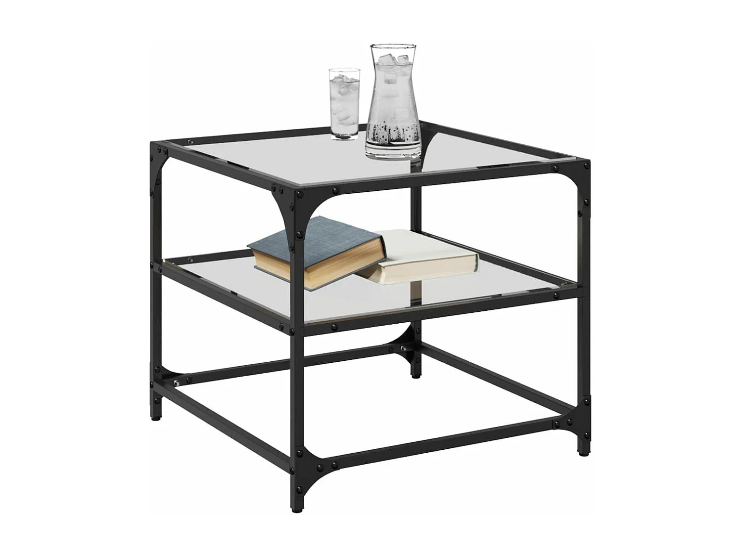 Tavolino Salotto con Piano Vetro Trasparente 50x50x45cm Acciaio