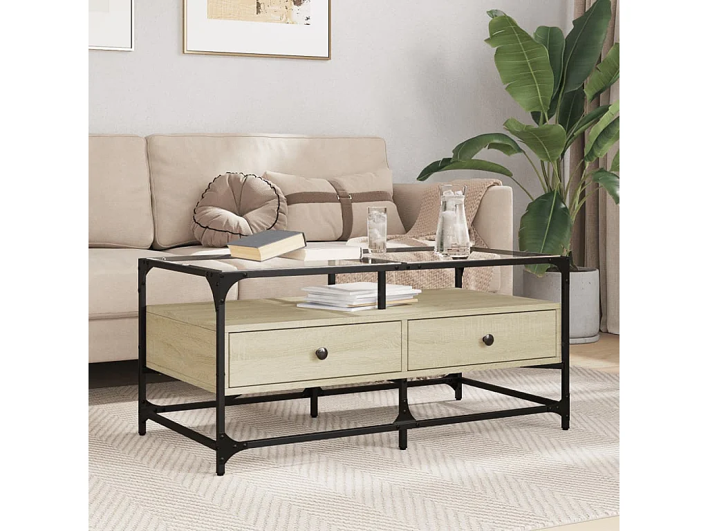 Couchtisch mit Glasplatte Sonoma-Eiche 98,5x50x45 cm Stahl