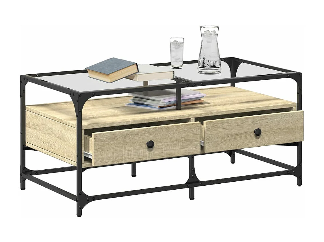 Couchtisch mit Glasplatte Sonoma-Eiche 98,5x50x45 cm Stahl