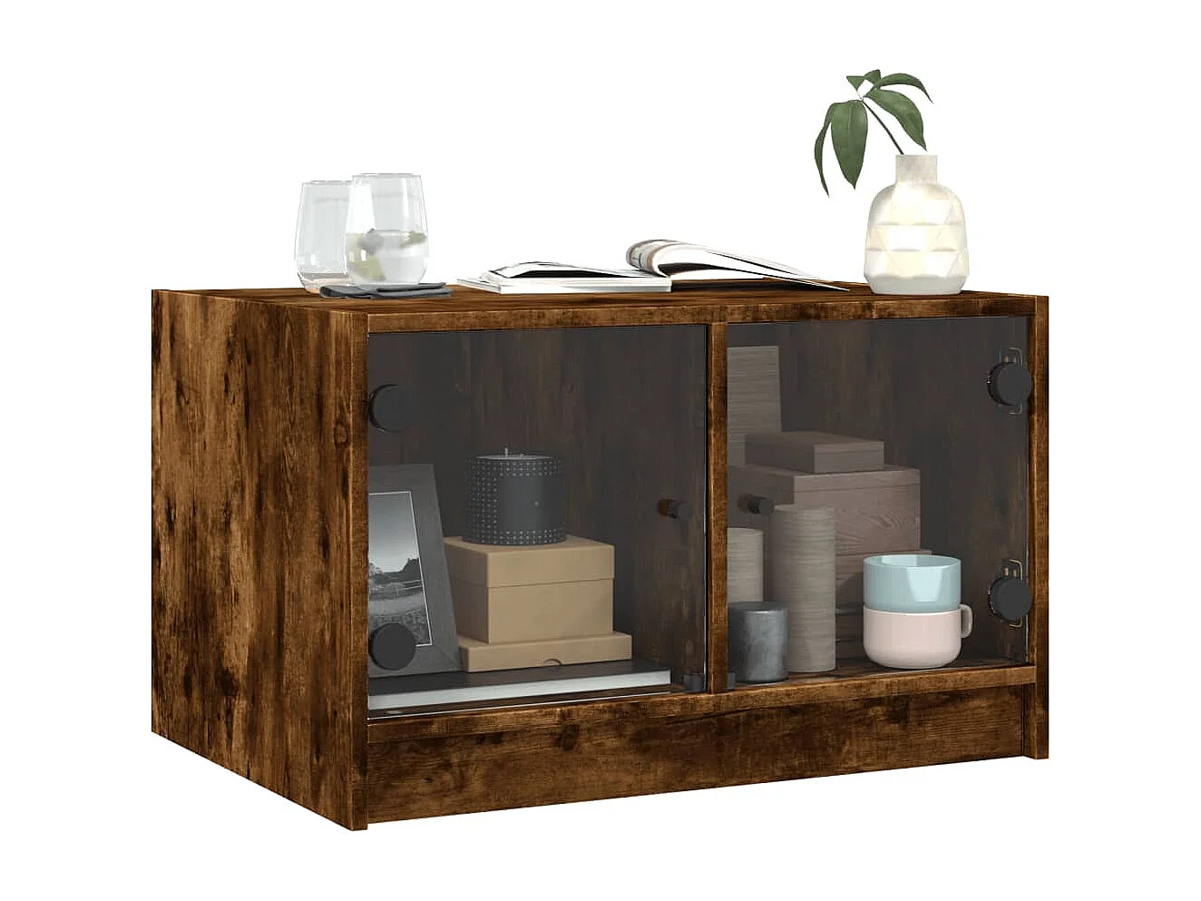Mesa de centro con puertas de vidrio roble ahumado 68x50x42 cm
