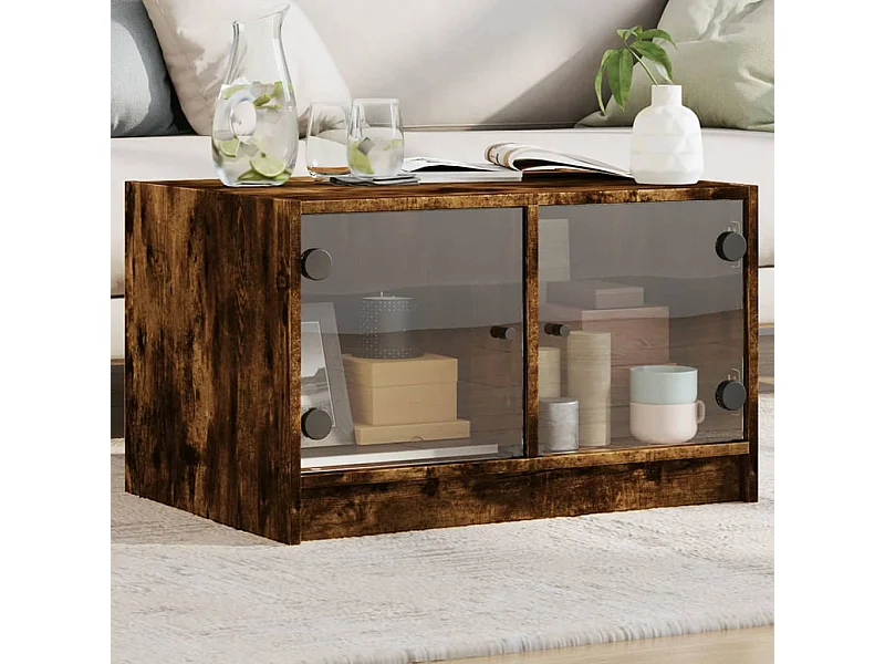 Mesa de centro con puertas de vidrio roble ahumado 68x50x42 cm