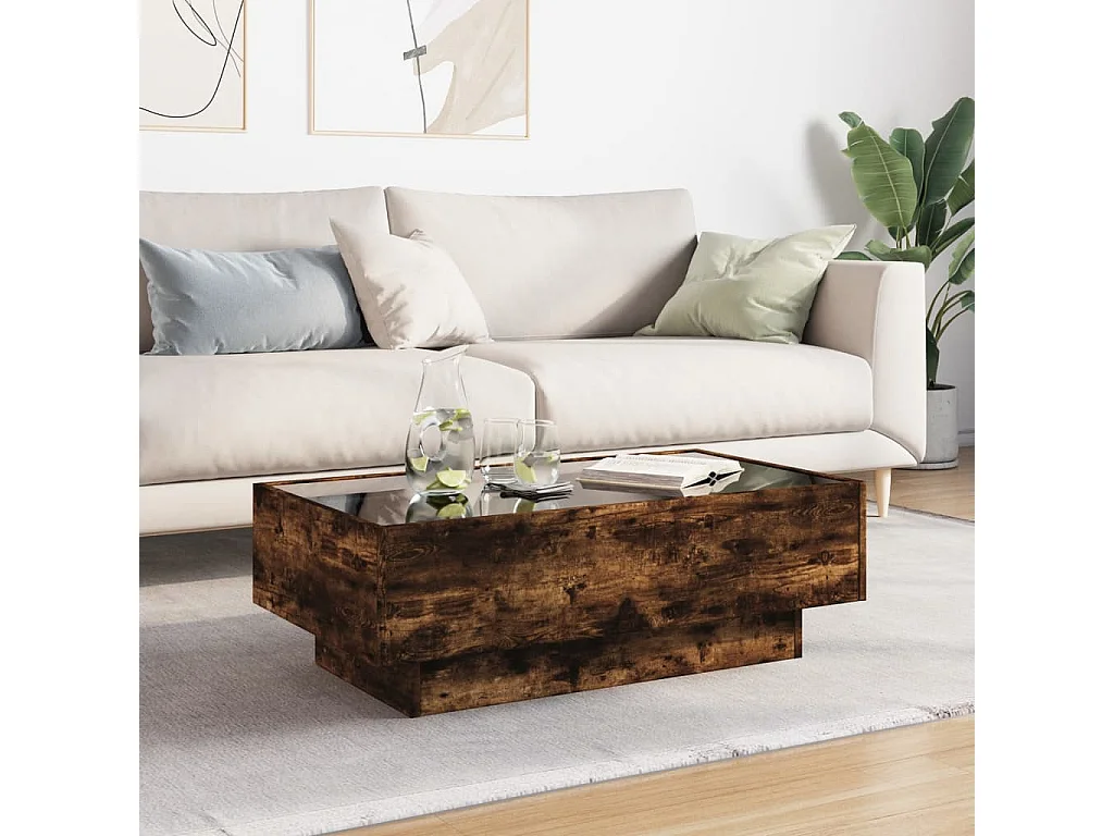 Table basse avec LED chêne fumé 90x50x30 cm bois d'ingénierie