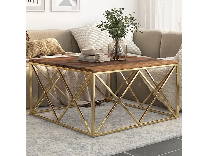 Mesa de centro de acero inoxidable dorado y madera maciza