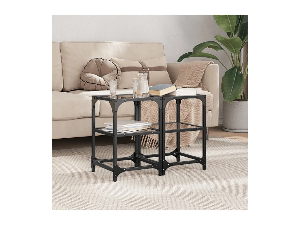 Salontafels 2 st met zwart glazen blad 30x30x45 cm staal