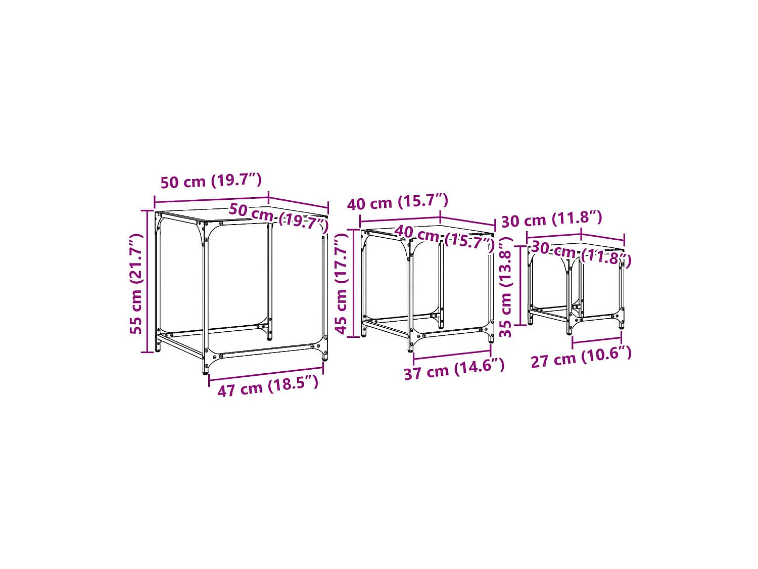 Mesas de centro encastrar 3 pcs c/ tampo vidro transparente aço