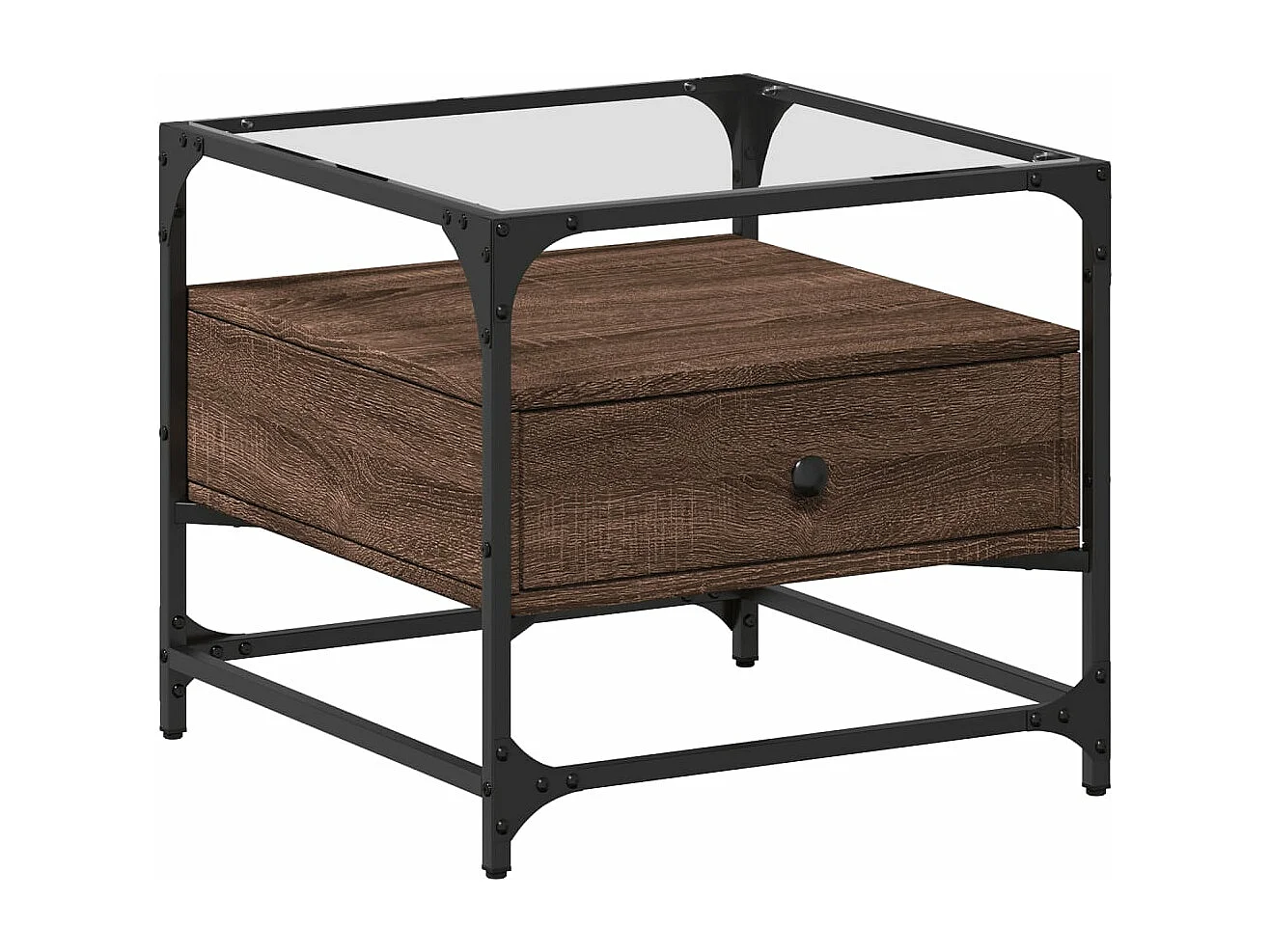 Table basse et dessus en verre chêne marron 50x50x45 cm acier