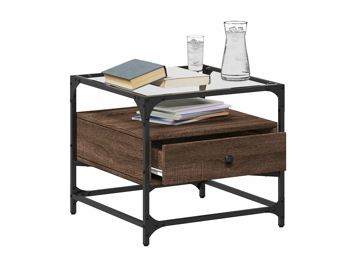 Table basse et dessus en verre chêne marron 50x50x45 cm acier