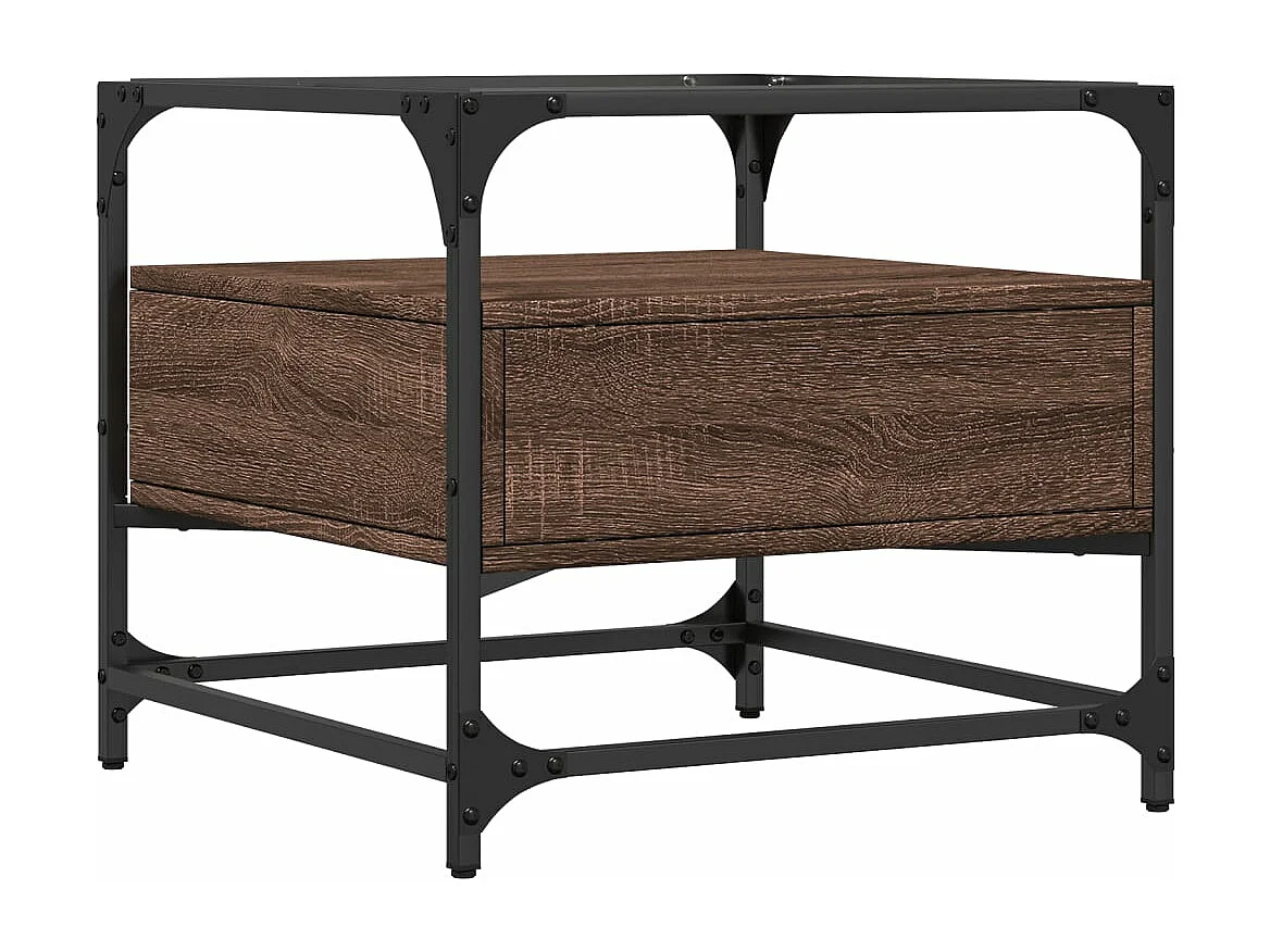 Table basse et dessus en verre chêne marron 50x50x45 cm acier