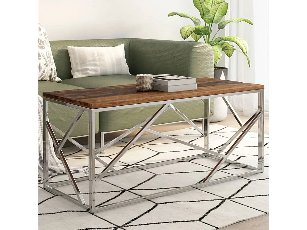 Mesa de centro de acero inoxidable plateado y madera maciza