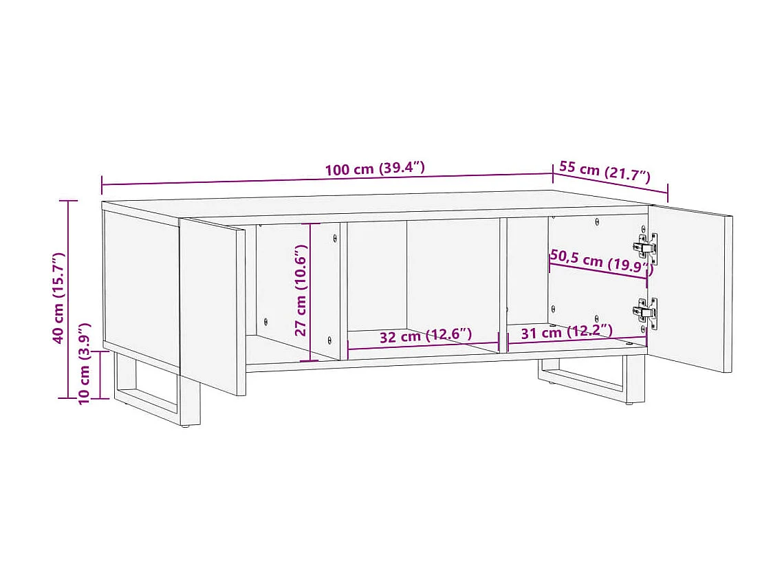 Tavolino da Salotto Bianco 100x55x40 cm Legno Massello di Mango