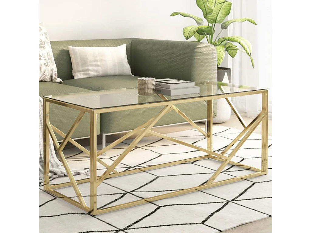 Mesa de centro aço inoxidável e vidro temperado dourado