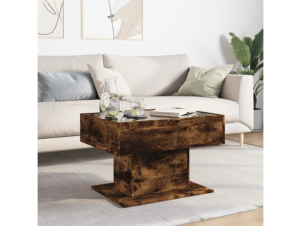Salontafel met LED 70x50x45 cm bewerkt hout gerookt eikenkleur