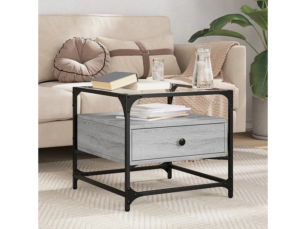 Table basse avec dessus en verre sonoma gris 50x50x45 acier
