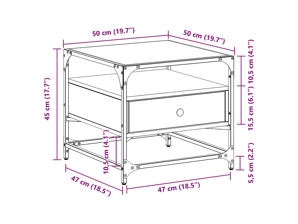 Salontafel met glazen blad 50x50x45 cm staal