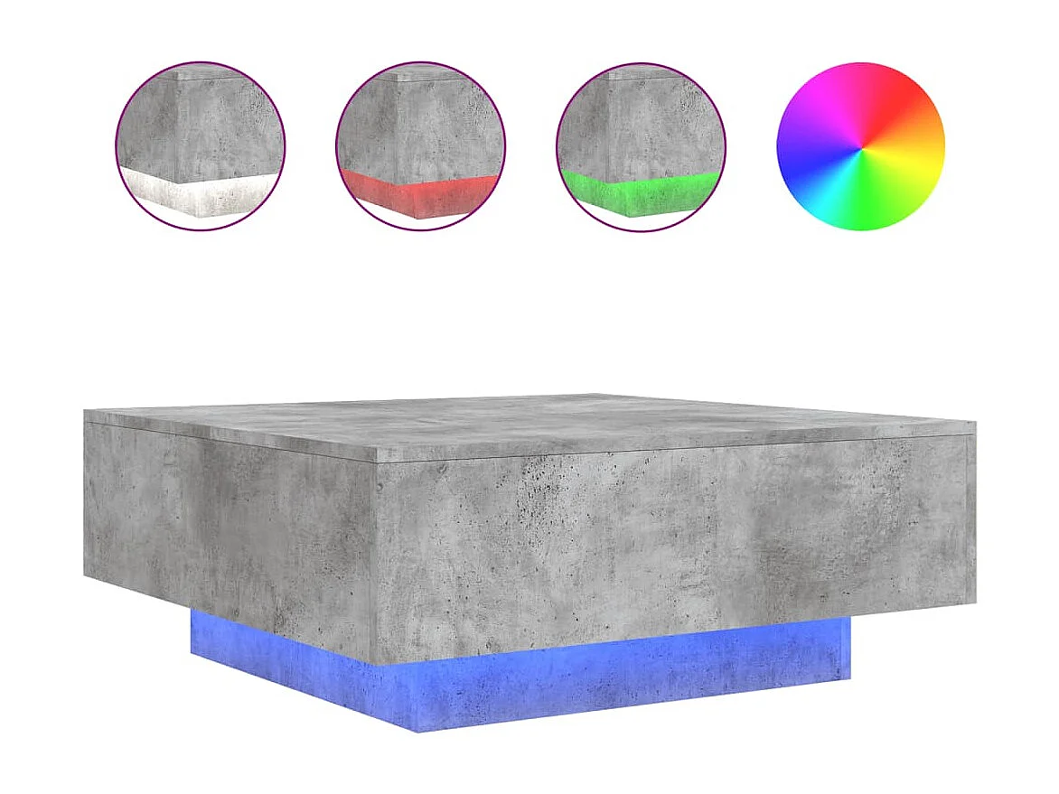 Table basse avec lumières LED gris béton 80x80x31 cm