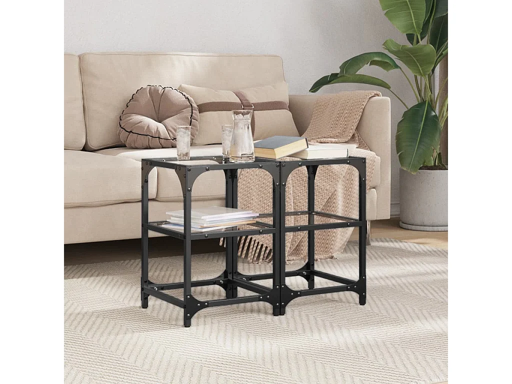 Tavolini con Piano in Vetro Trasparente 2 pz 30x30x45cm Acciaio