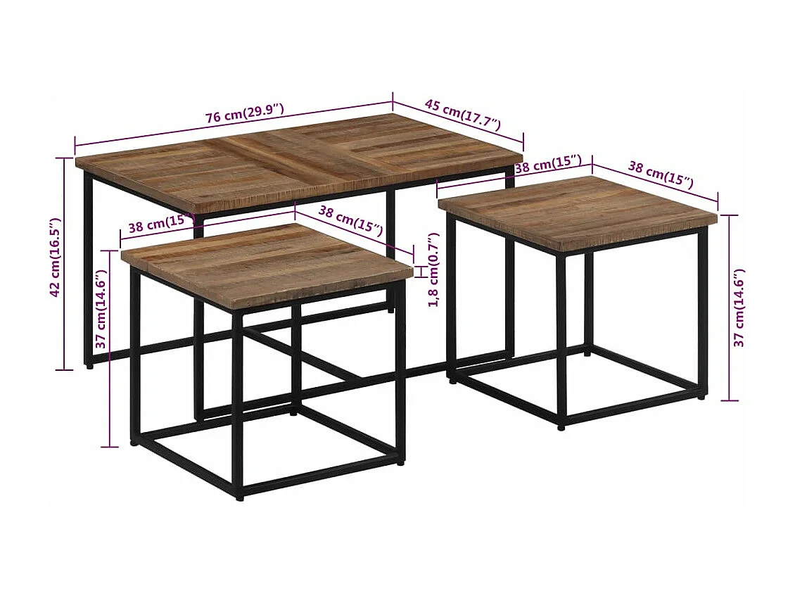 Satztische 3 Stk. Massivholz Teak