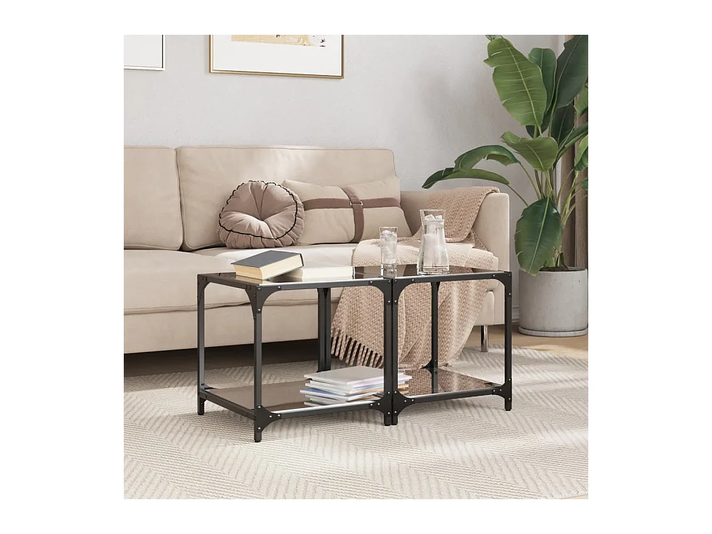 Salontafels 2 st met zwart glazen blad 40x40x40 cm staal