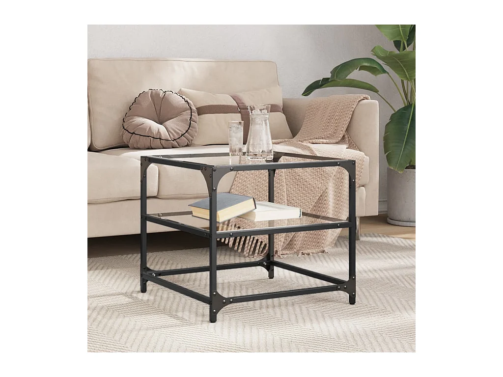 Salontafel met transparant glazen blad 50x50x45 cm staal