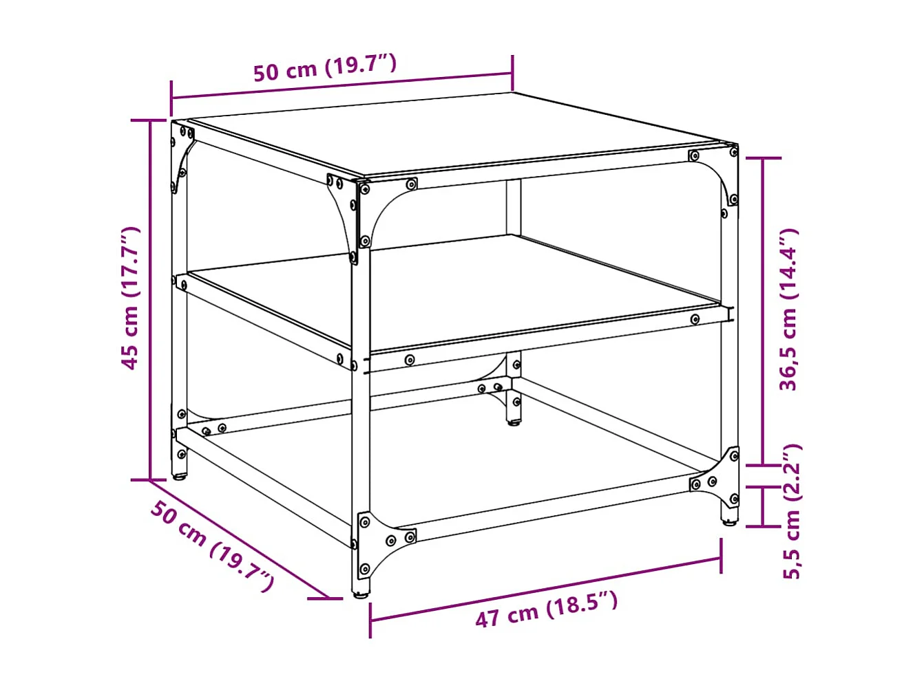 Table basse avec dessus en verre transparent 50x50x45 cm acier