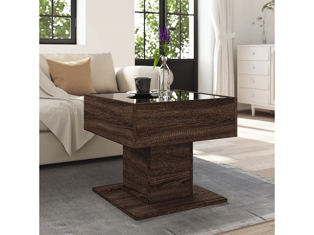 Mesa de centro y LED madera ingeniería marrón roble 50x50x45 cm