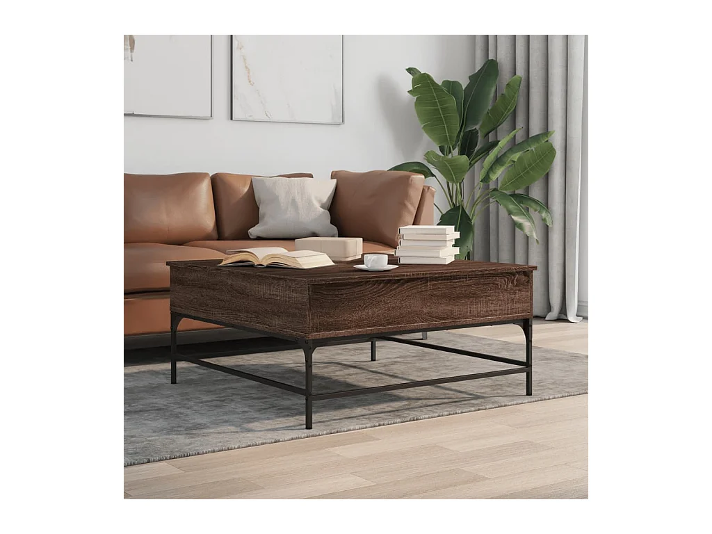 Table basse chêne marron 95x95x45 cm bois d'ingénierie et métal