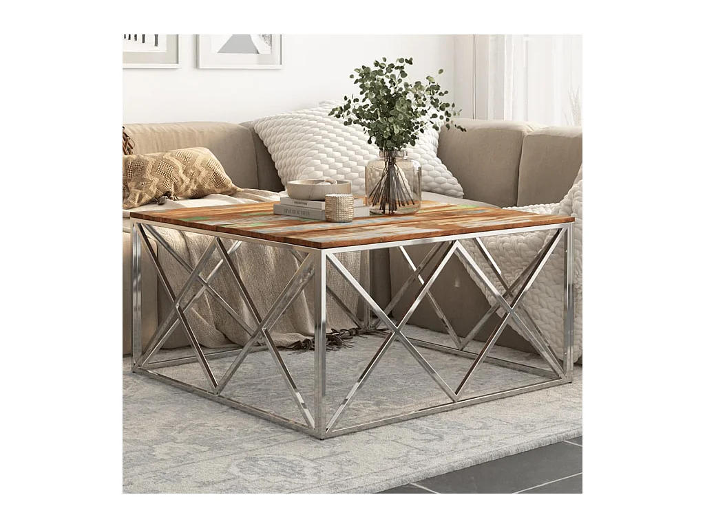 Table basse argenté inox et bois de récupération massif