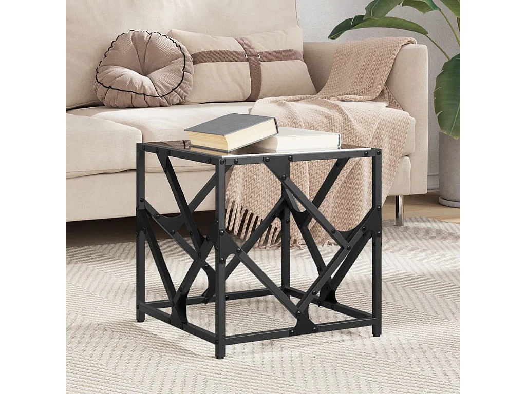 Tavolino con Piano in Vetro Nero 40x40x41 cm Acciaio