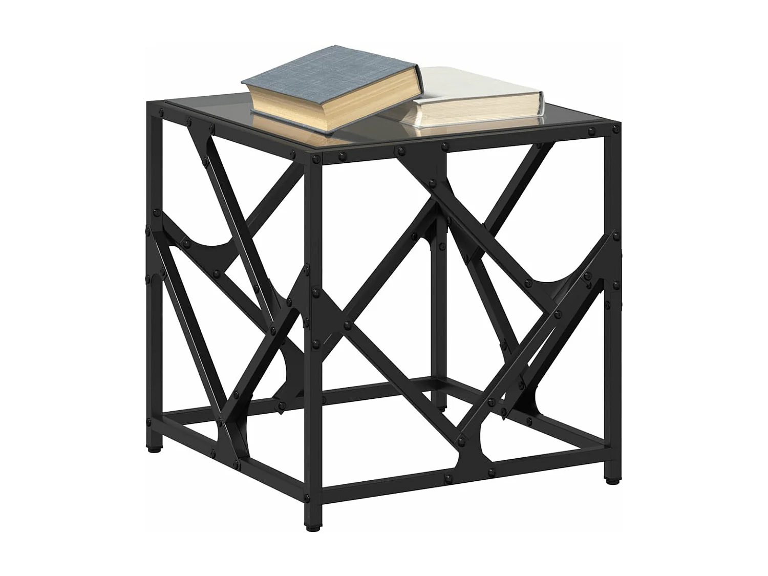 Tavolino con Piano in Vetro Nero 40x40x41 cm Acciaio