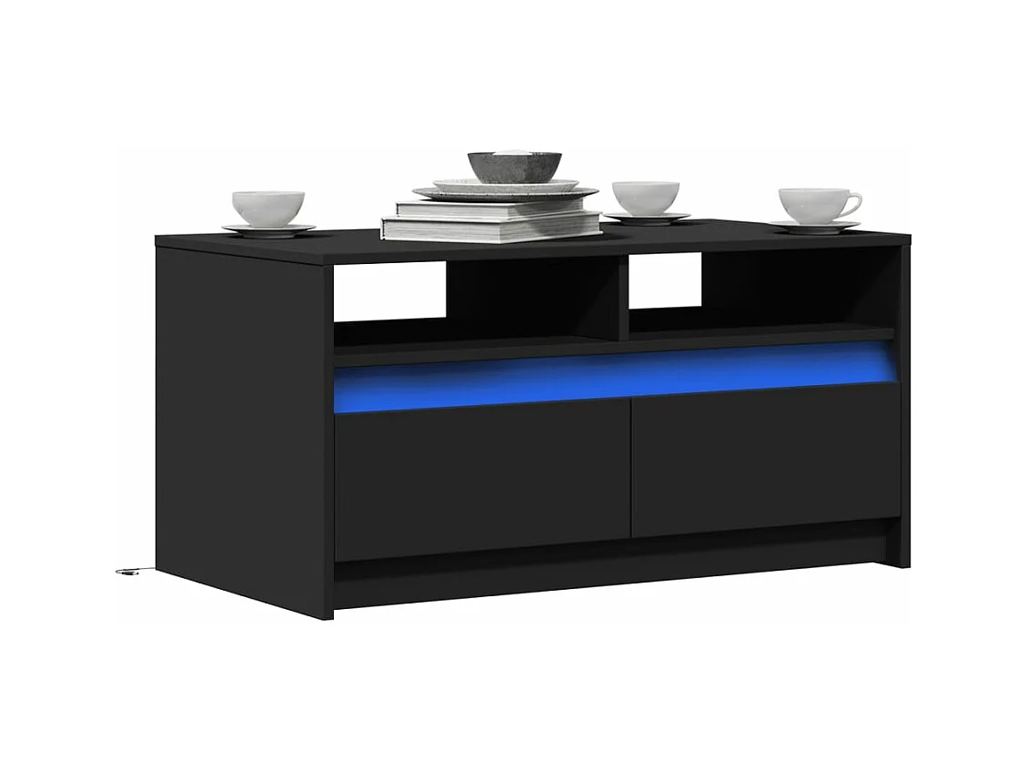 Table basse avec lumières LED noir bois d'ingénierie