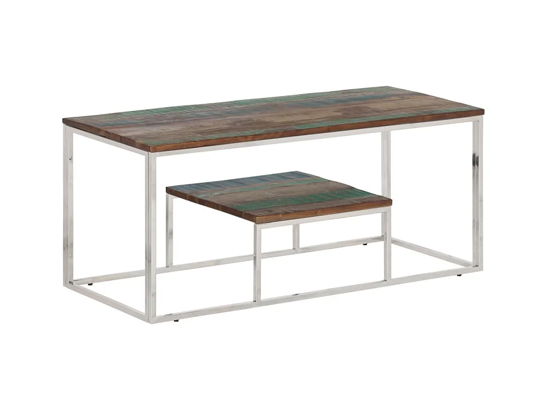 Table basse argenté acier inoxydable/bois massif récupération