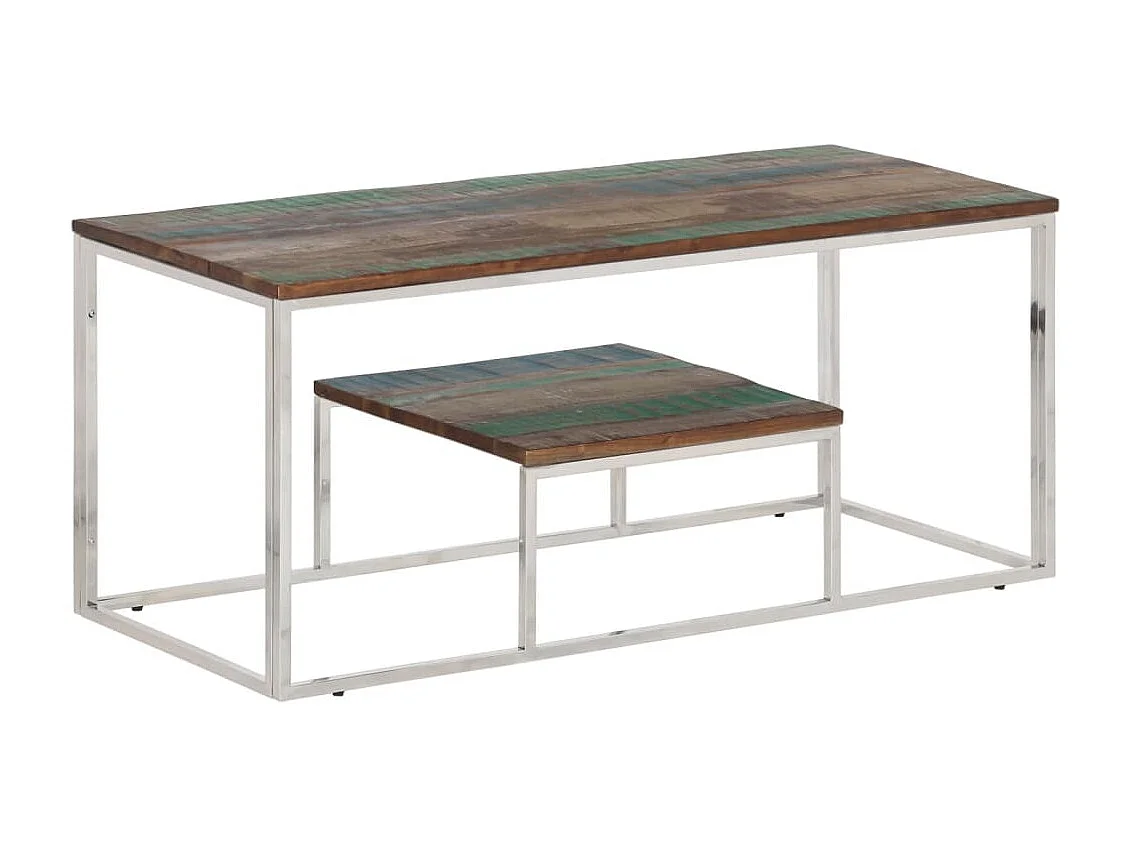 Table basse argenté acier inoxydable/bois massif récupération