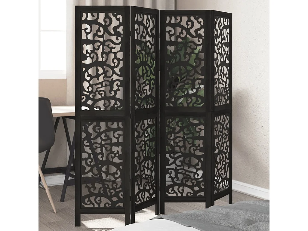 Parete divisoria nera a 4 pannelli in legno massello di paulownia