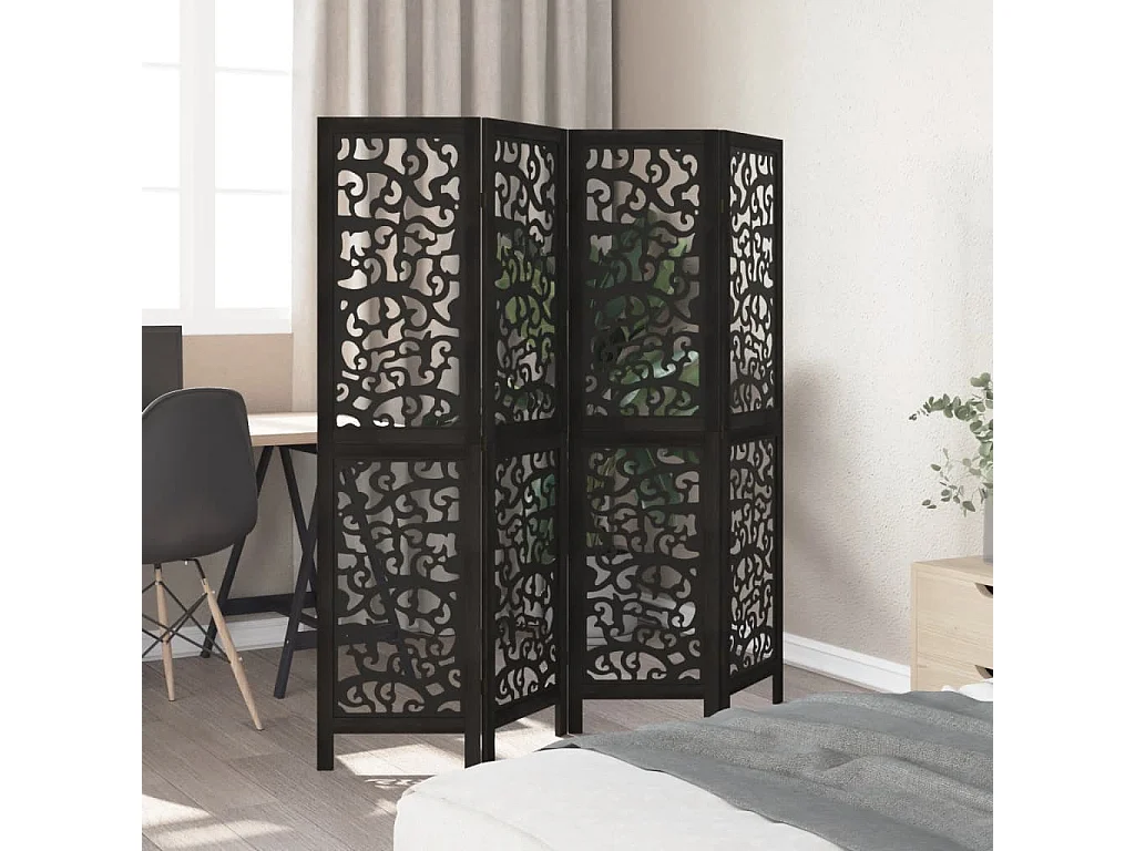 Parete divisoria nera a 4 pannelli in legno massello di paulownia