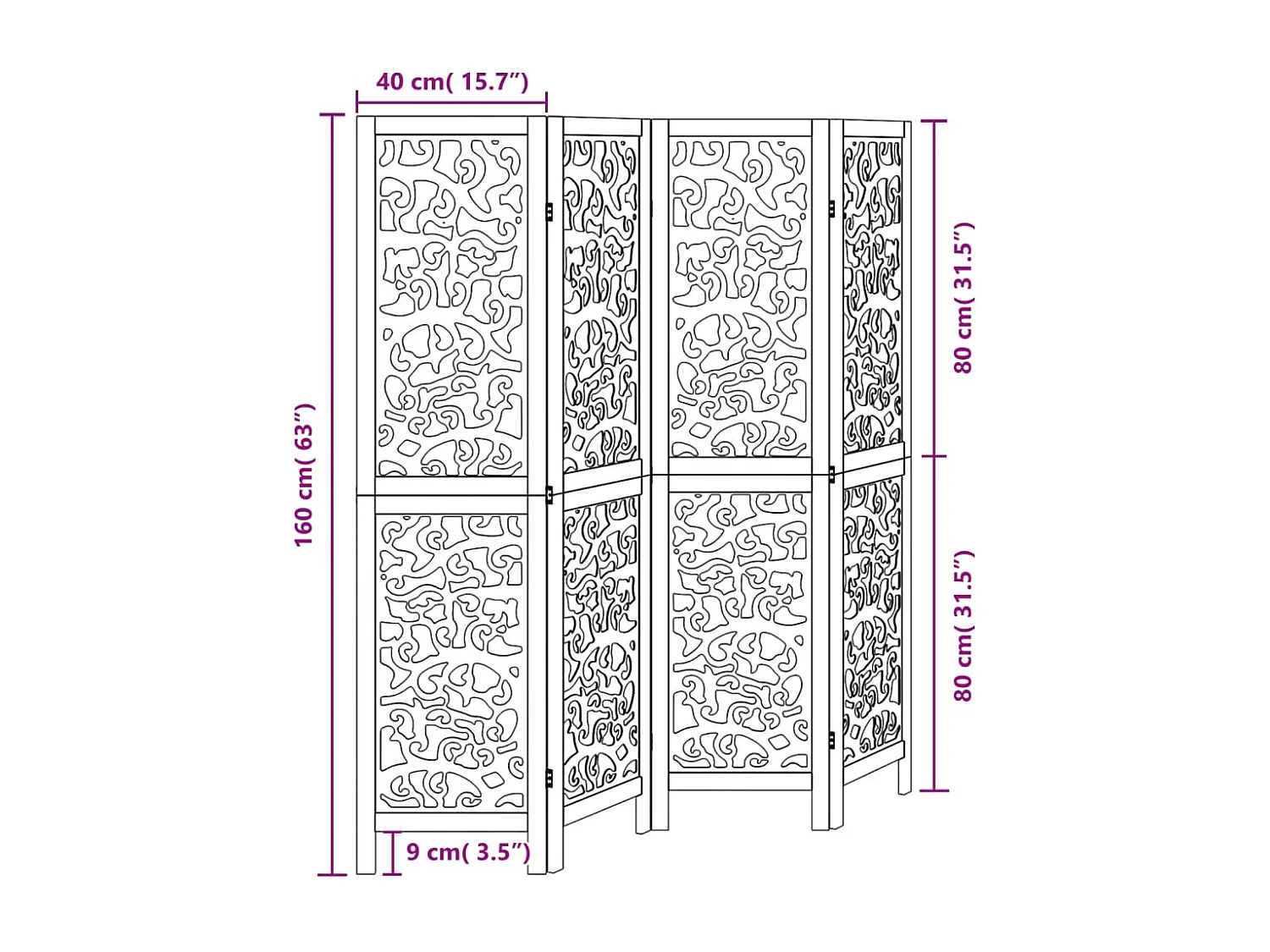 Parete divisoria nera a 4 pannelli in legno massello di paulownia