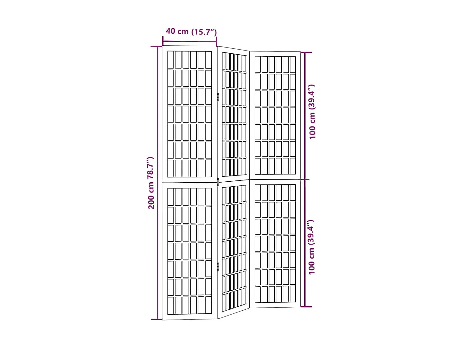 3-teilige schwarze Trennwand aus massivem Paulownia-Holz