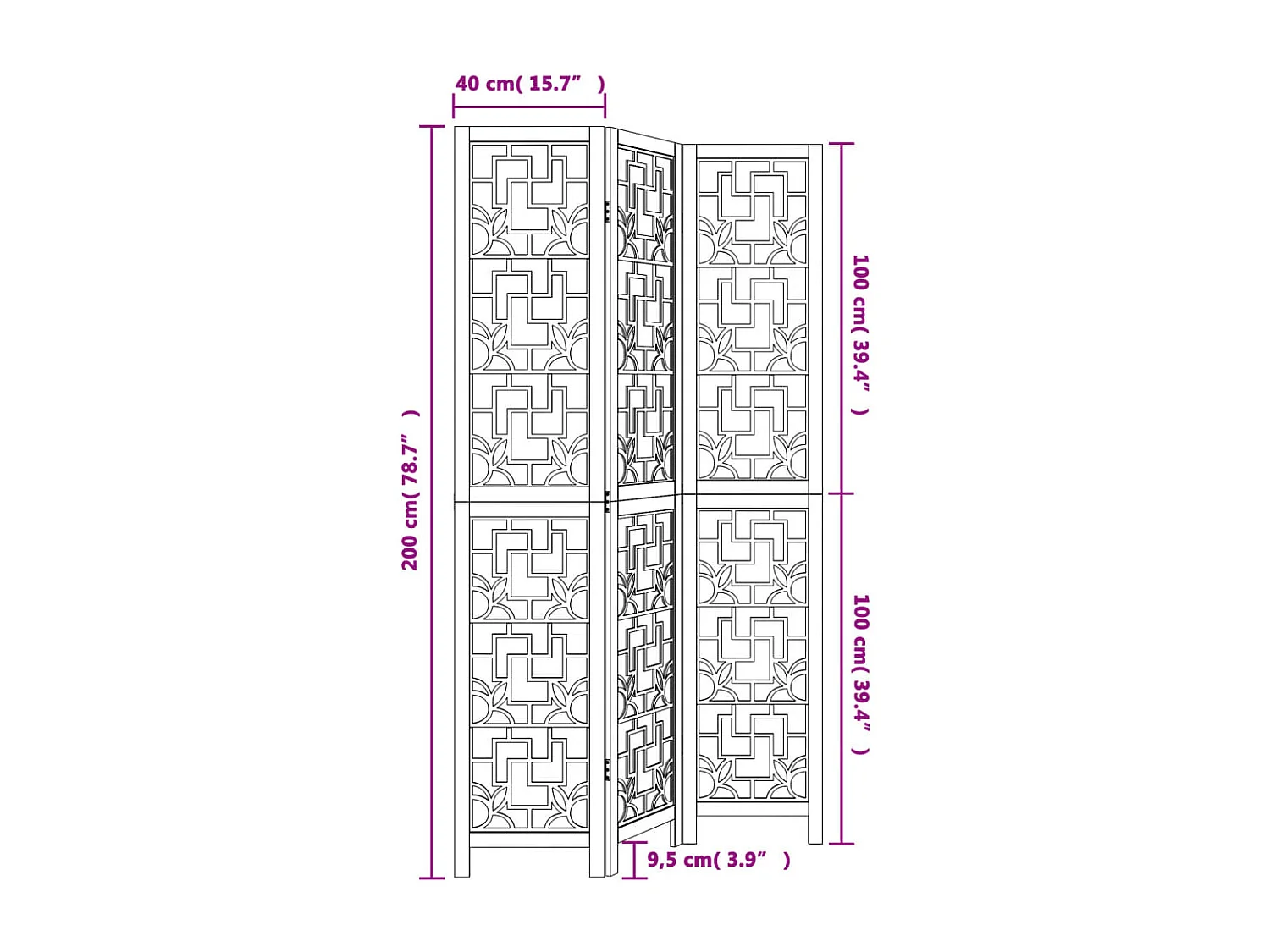 Cloison de séparation 3 panneaux marron bois paulownia massif