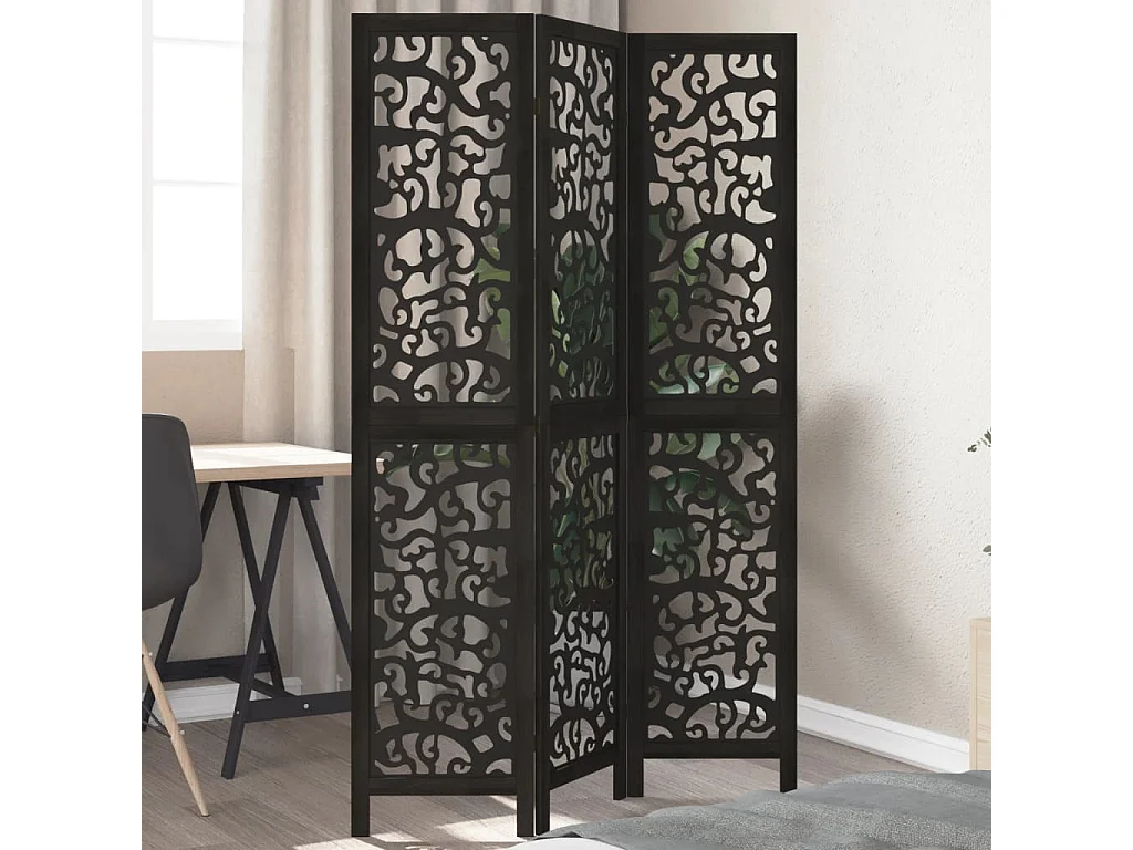 3-teilige schwarze Trennwand aus massivem Paulownia-Holz