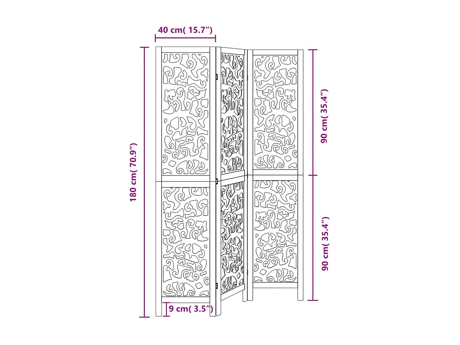 3-teilige schwarze Trennwand aus massivem Paulownia-Holz