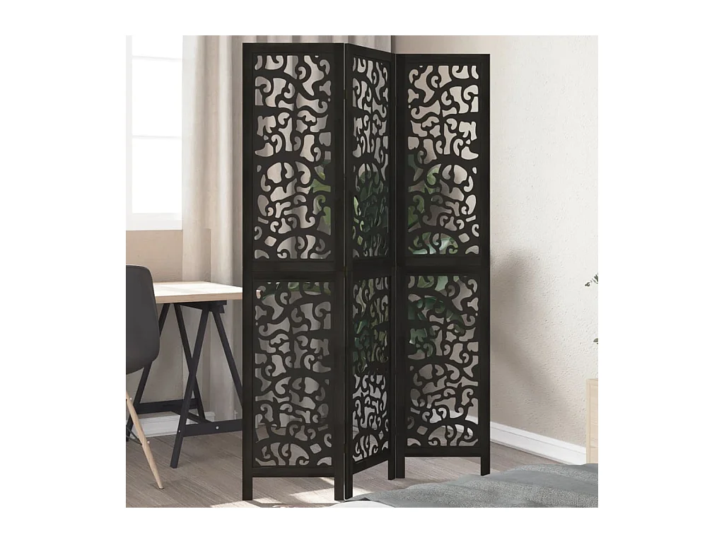 Divisória preta com 3 painéis em madeira maciça de paulownia