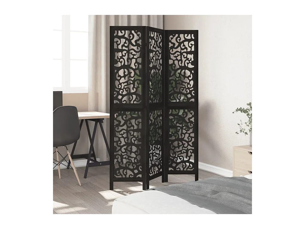 Divisória preta com 3 painéis em madeira maciça de paulownia
